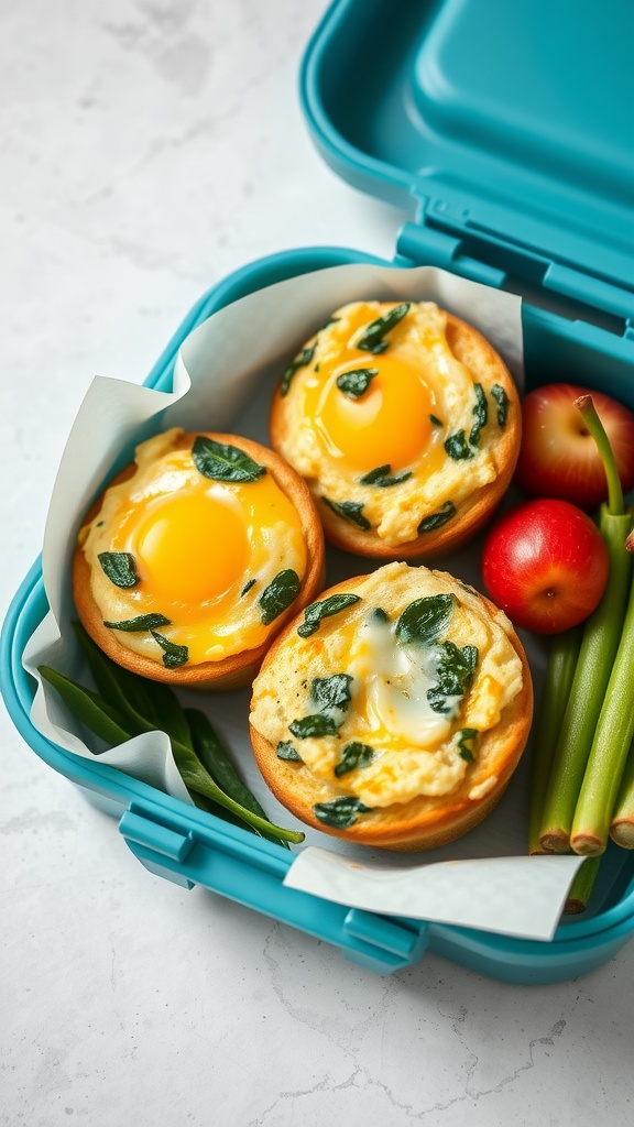 Egg muffins with spinach and cheese in a lunchbox