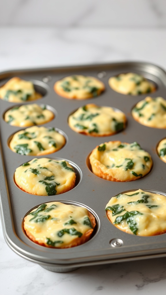 A tray of baked egg muffins with spinach and cheese, golden and fluffy.
