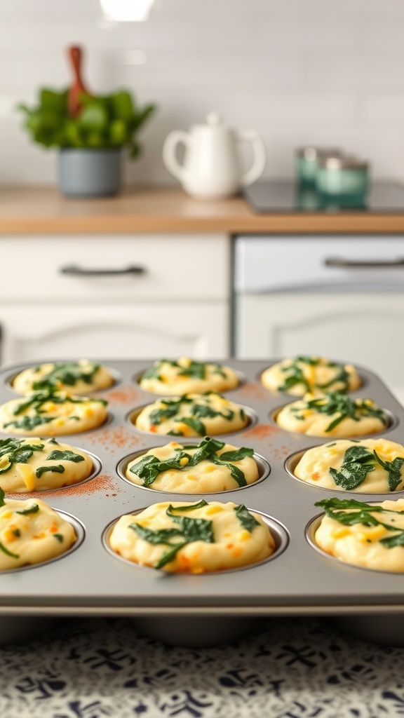 A tray of egg muffins with spinach and cheese ready to be baked.