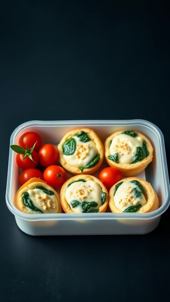 A bento box containing egg muffins with spinach and cheese, accompanied by cherry tomatoes.