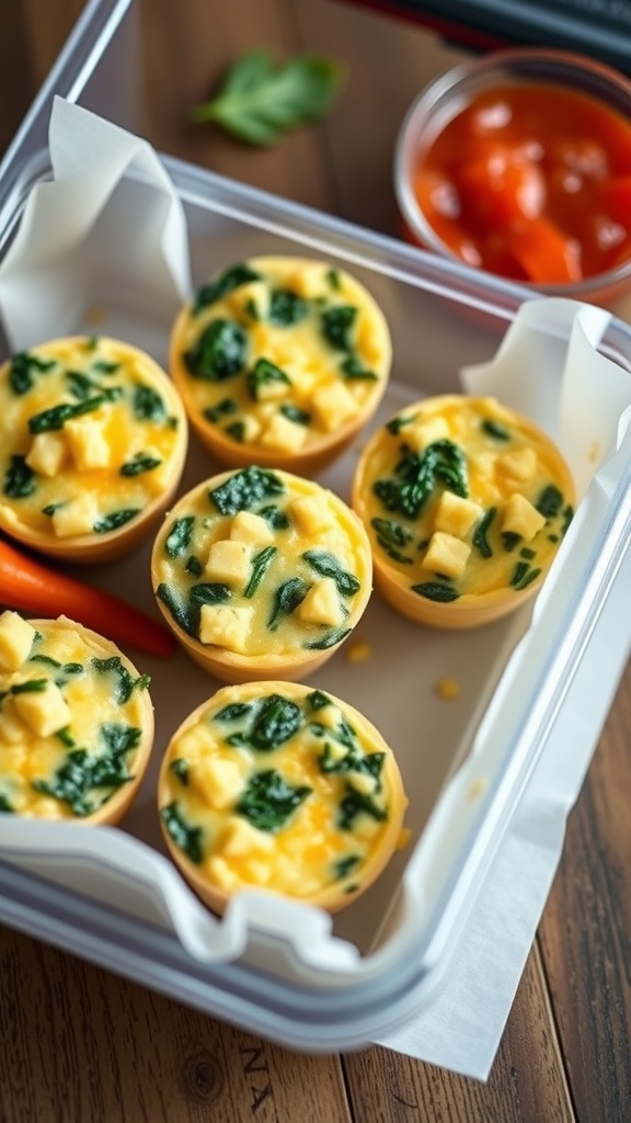 A lunchbox containing egg muffins with spinach and cheese, alongside a small bowl of salsa and fresh vegetables.