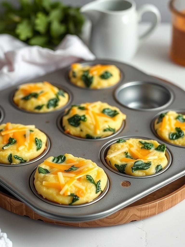 A muffin tin filled with egg muffins containing spinach and cheese, ready for baking.