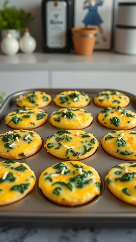 A tray of egg muffins with spinach and cheese, fresh out of the oven.
