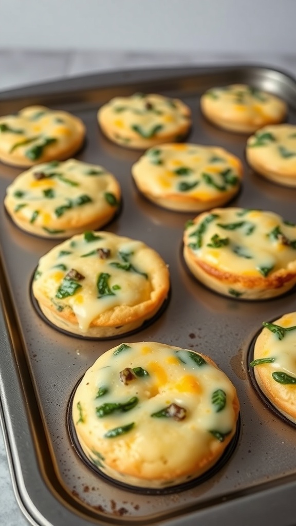 A tray of egg muffins with spinach and cheese, golden brown and ready to eat.