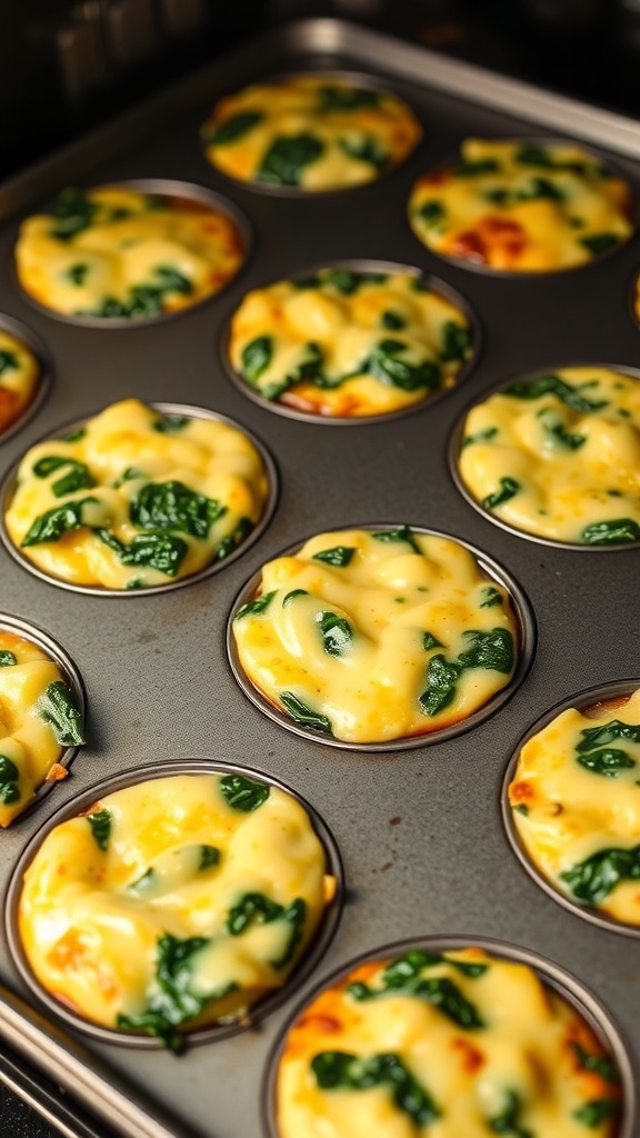 A tray of egg muffins with spinach and cheese, freshly baked and golden brown.
