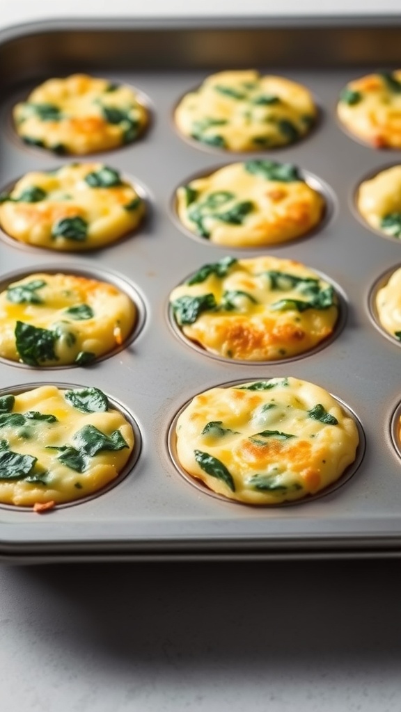 A tray of egg muffins with spinach and cheese, freshly baked and golden brown.
