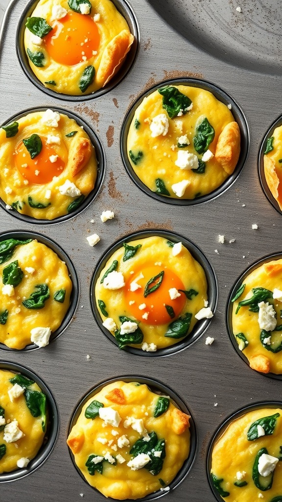 Egg muffins with spinach and feta in a muffin tin.