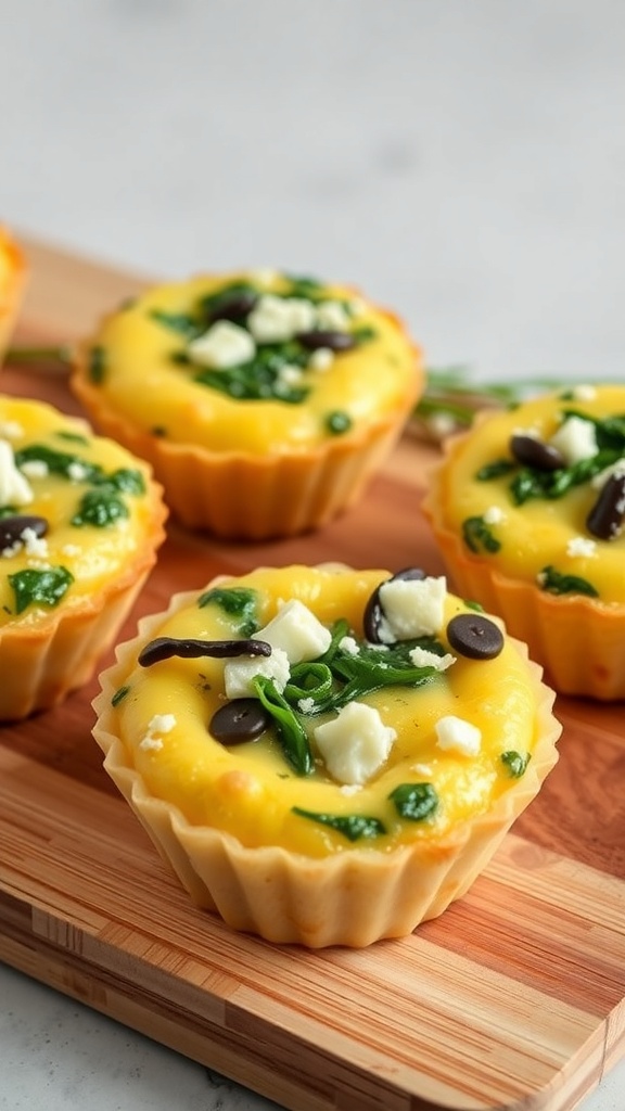 Egg muffins with spinach and feta in a muffin tin on a wooden board.