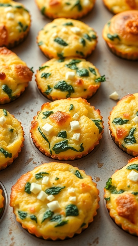 Baked egg muffins with spinach and feta in a muffin tin.