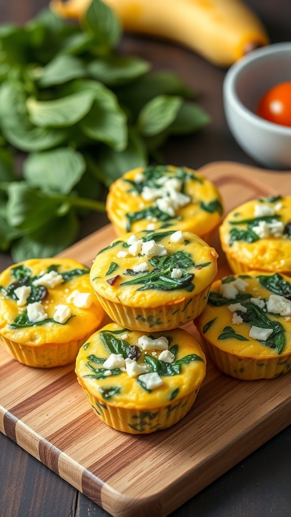 Egg muffins with spinach and feta on a wooden cutting board