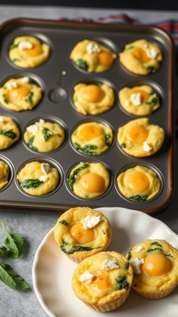 Egg muffins with spinach and feta in a muffin tin.