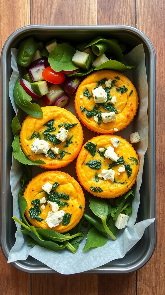 A healthy lunchbox with egg muffins made with spinach and feta, served alongside fresh vegetables.