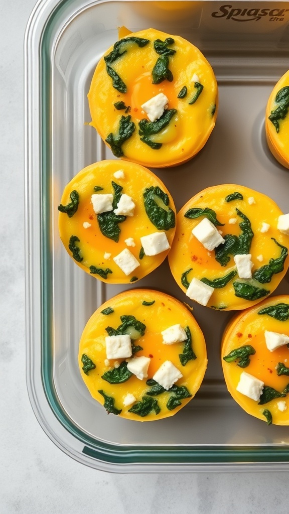 Baked egg muffins with spinach and feta cheese in a glass container.