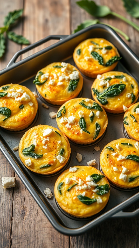A tray of egg muffins with spinach and feta, freshly baked and ready to eat.