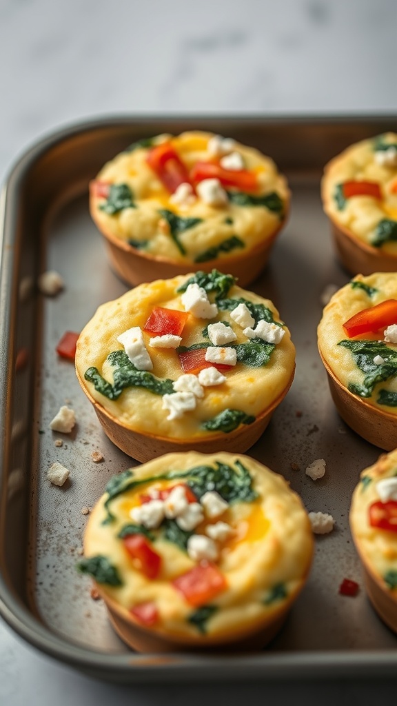 A tray of egg muffins with spinach, feta, and bell peppers, freshly baked and ready to eat.
