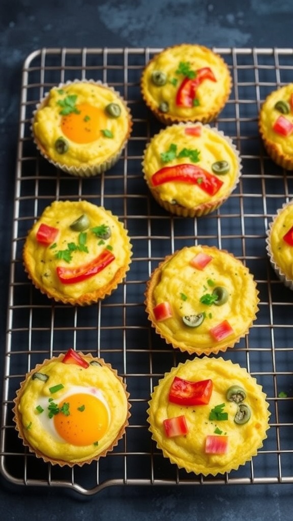 A tray of colorful egg muffins with various vegetables, showcasing a healthy meal prep option.