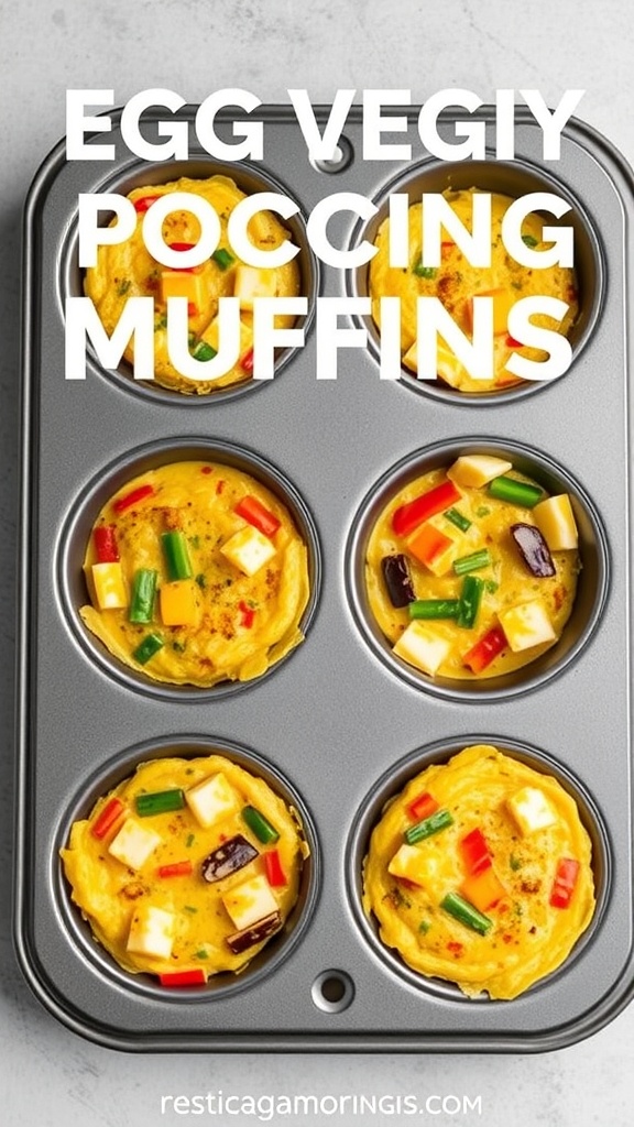 A wooden board with colorful egg muffins filled with veggies like tomatoes and green onions.