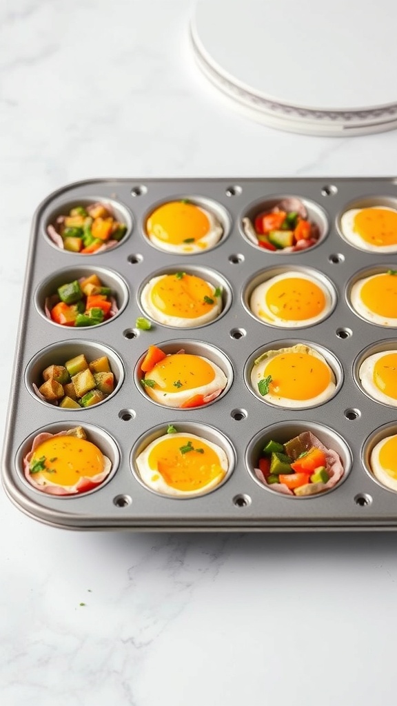 A muffin tin filled with egg muffins topped with veggies.
