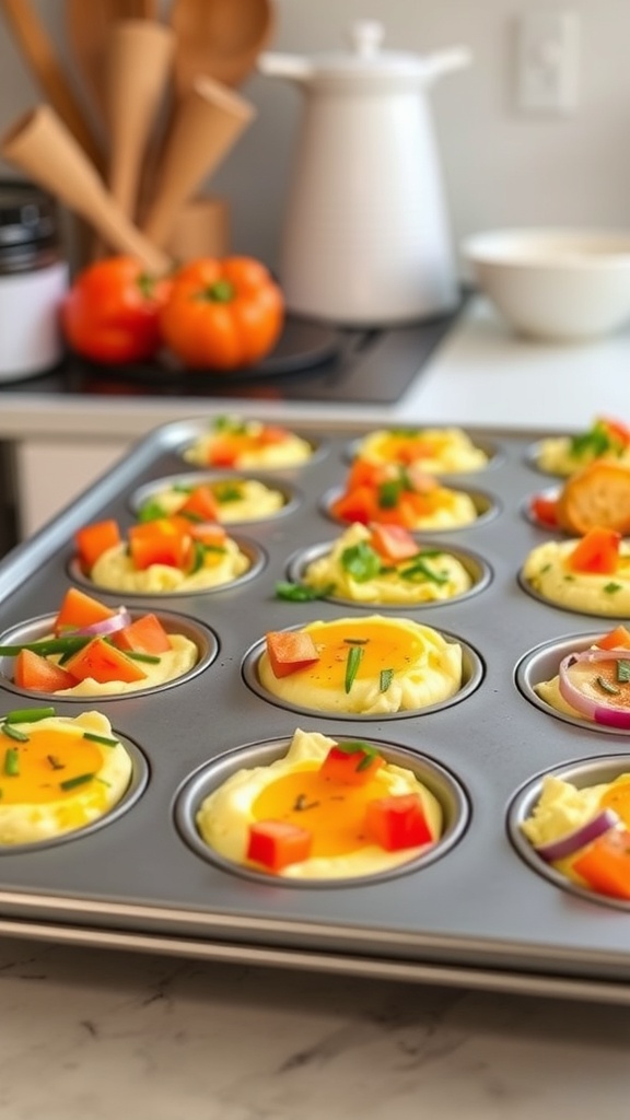 A muffin tin filled with colorful egg muffins topped with diced bell peppers and onions, ready to be baked.