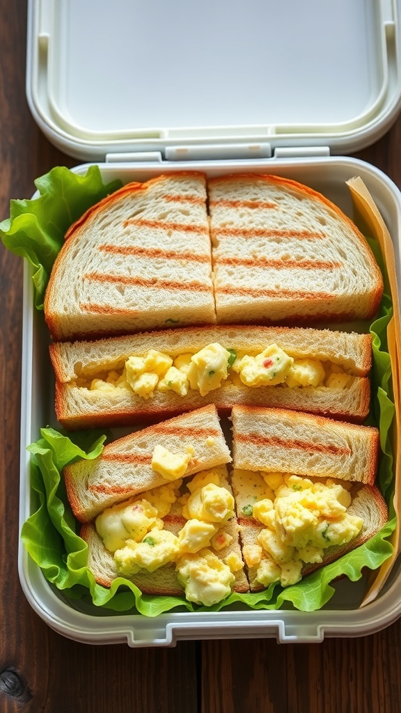 Egg salad sandwiches on a plate with fresh herbs on a picnic blanket