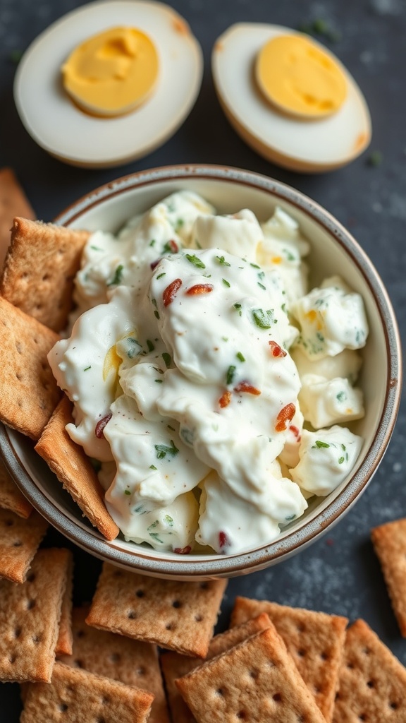 A bowl of creamy egg salad made with Greek yogurt, surrounded by crackers and halved hard-boiled eggs.