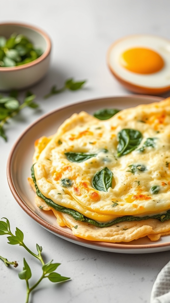 A delicious egg white and spinach omelette served on a plate with fresh spinach and an egg in the background.