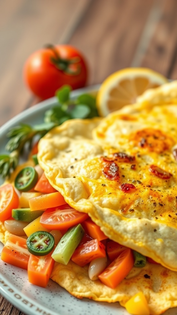 Egg white vegetable omelette plated with fresh vegetables.