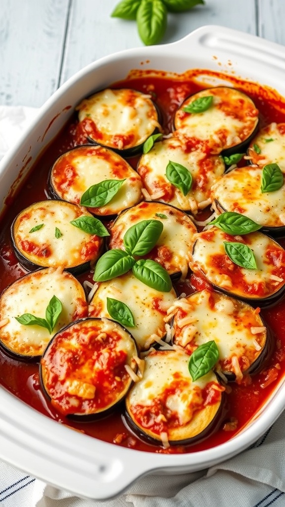 A delicious eggplant parmesan bake with layers of eggplant, marinara sauce, and melted cheese topped with fresh basil.