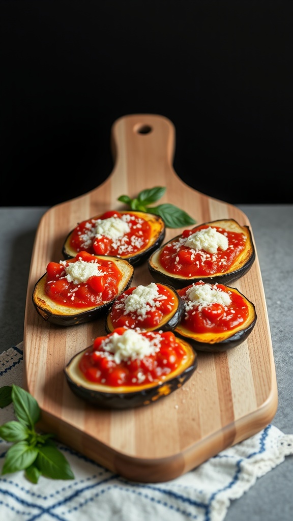 A wooden serving board with eggplant rounds topped with marinara sauce and cheese.