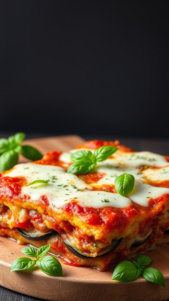 Eggplant Parmesan Casserole with fresh basil on top