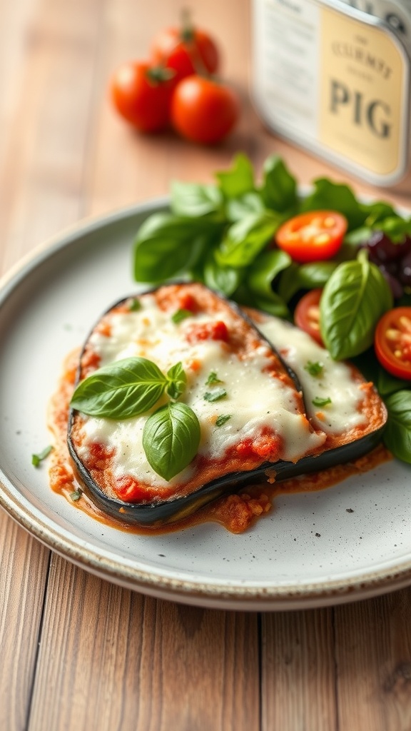 A plate of Eggplant Parmesan with marinara sauce and melted cheese, garnished with fresh herbs and served with a side salad.