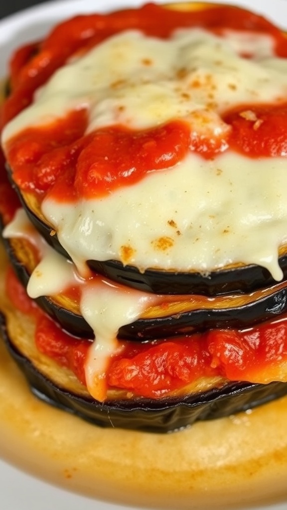 A delicious serving of Eggplant Parmesan layered with marinara sauce and cheese.