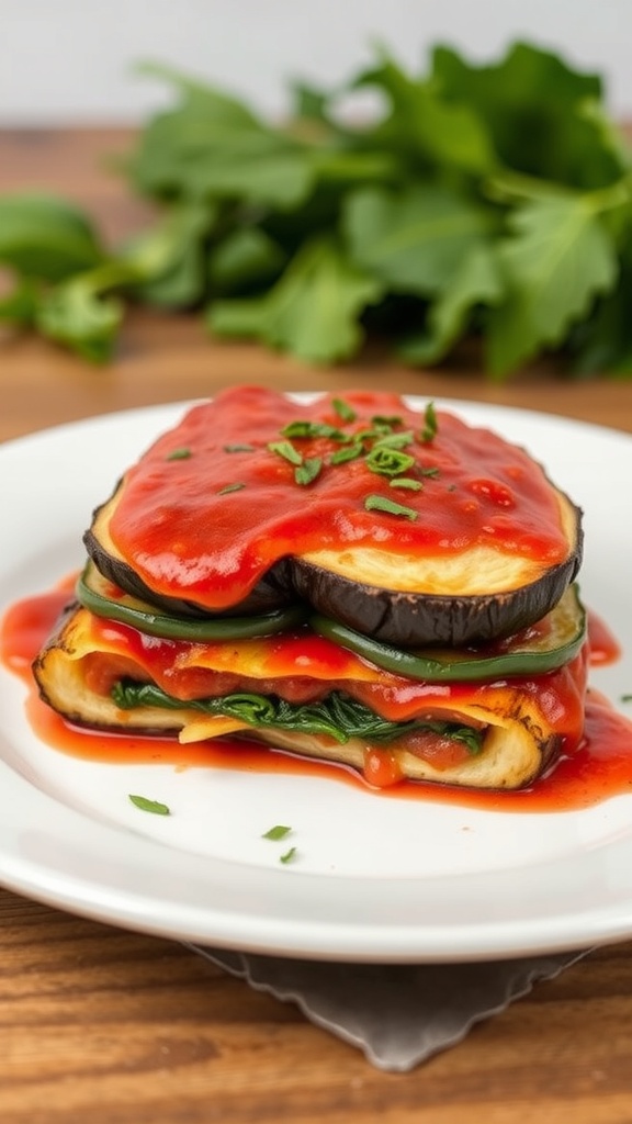 A plate of eggplant parmesan layered with spinach and topped with tomato sauce, garnished with herbs.