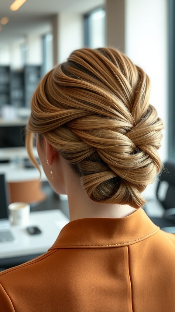A close-up of a woman with a stylish French twist hairstyle, showing neat, twisted hair secured at the back, wearing an orange blazer.