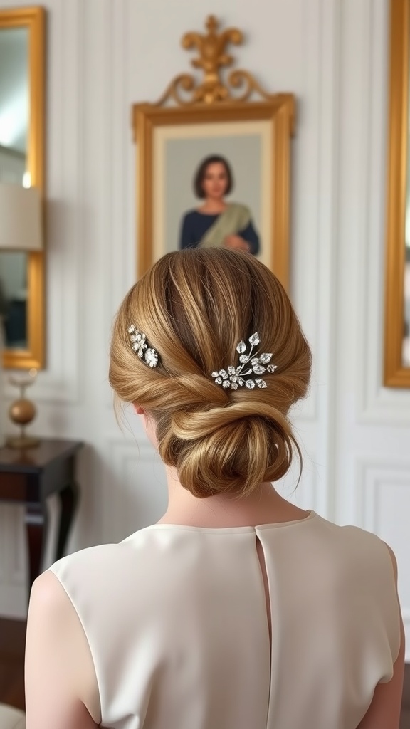 A woman with a low chignon hairstyle adorned with elegant hair accessories, showcasing a sophisticated look.