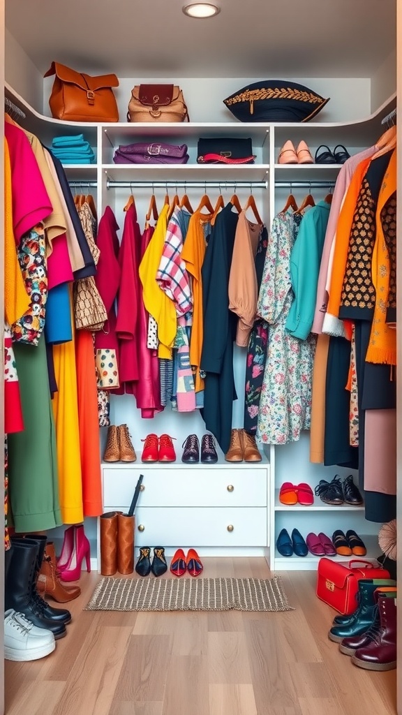 A well-organized closet displaying a variety of colorful clothing and shoes.
