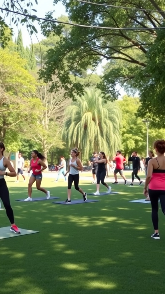 A group of people exercising outdoors on mats in a park.