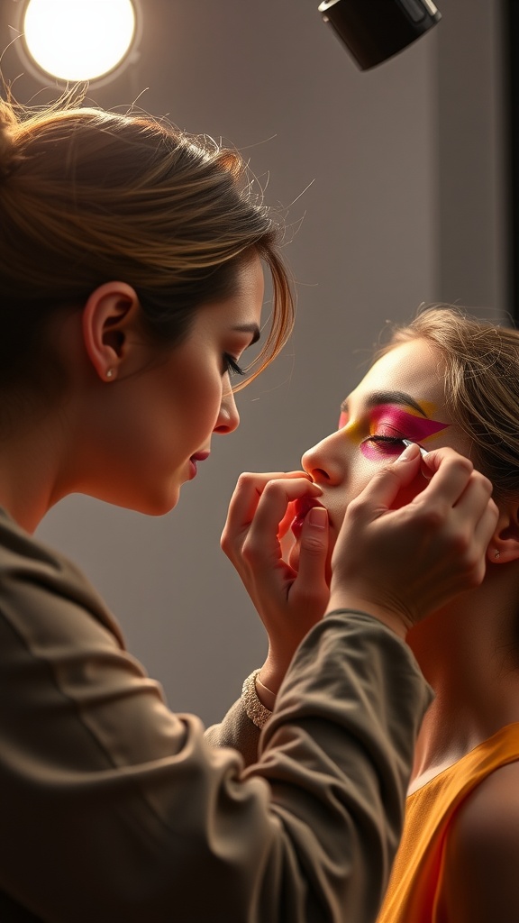 A makeup artist applying vibrant makeup to a client's eyes in a studio setting.