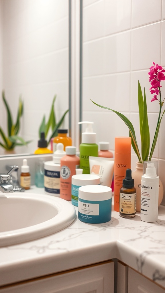 A skincare setup with various products on a bathroom counter, showcasing a variety of creams, serums, and cleansers.