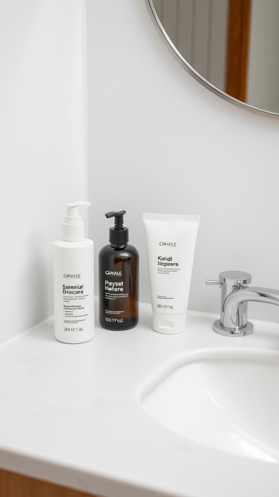 A minimalist skincare setup on a bathroom counter with three products: a hydrating cleanser, a treatment serum, and a lightweight moisturizer.