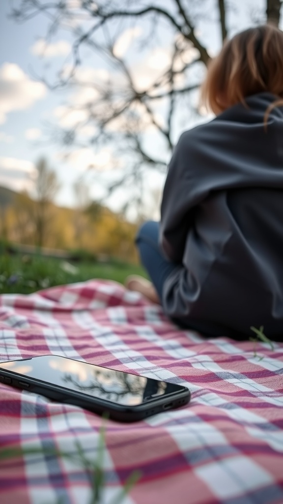 A person sitting on a picnic blanket with a phone nearby, enjoying nature.
