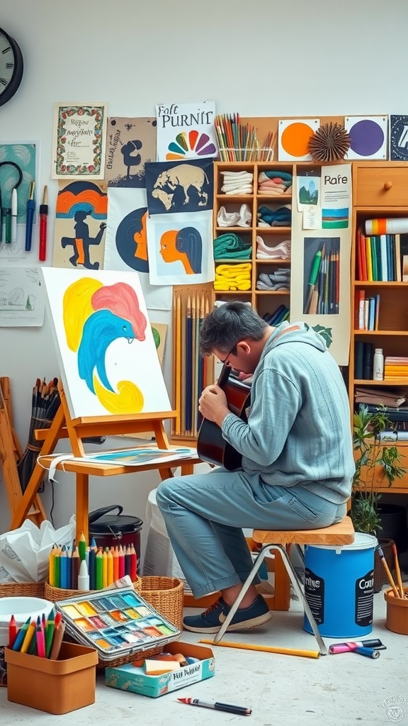 A person playing guitar in a creative space surrounded by art supplies and colorful drawings.