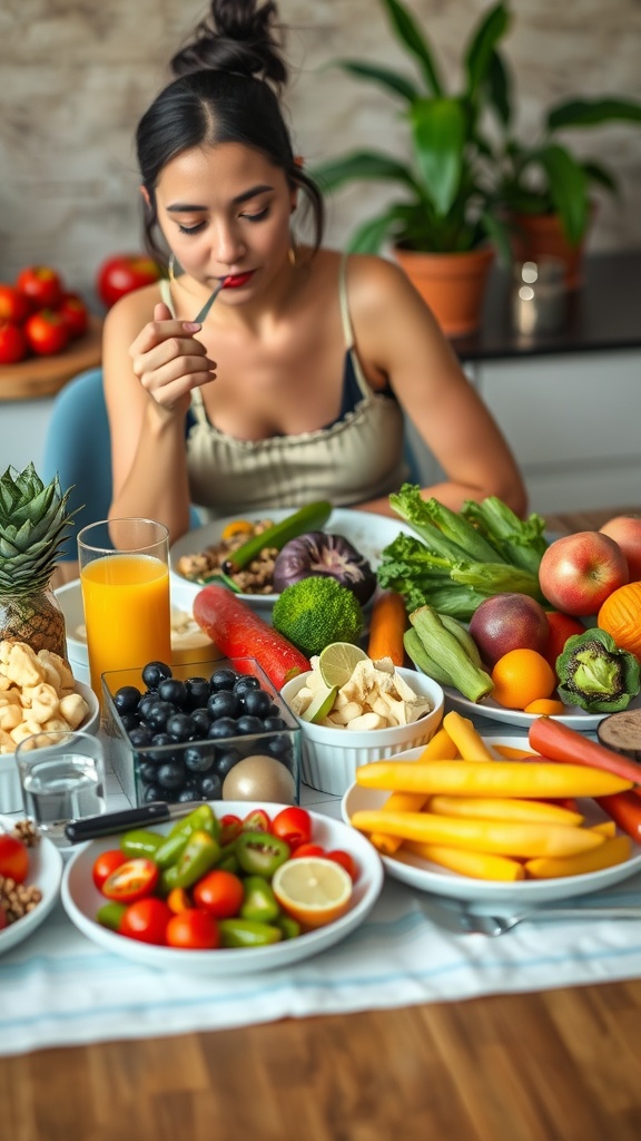A woman enjoying a healthy meal surrounded by a variety of fresh fruits and vegetables.