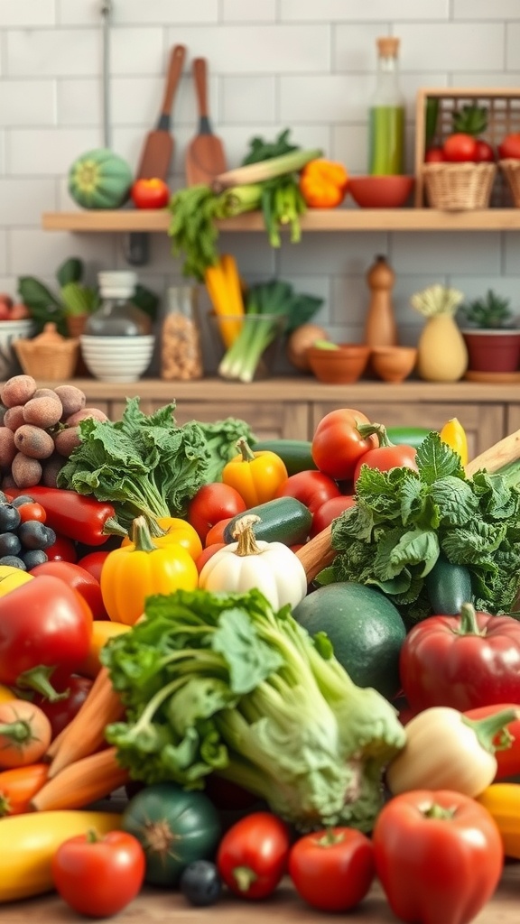 A vibrant display of various fresh vegetables on a wooden table, emphasizing the beauty of a balanced diet.