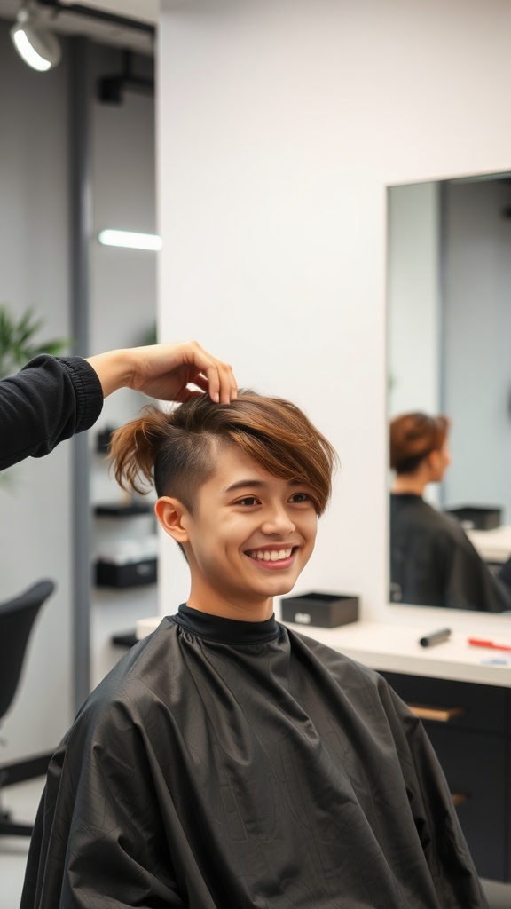 A person smiling in a salon chair as a stylist adjusts their hair.