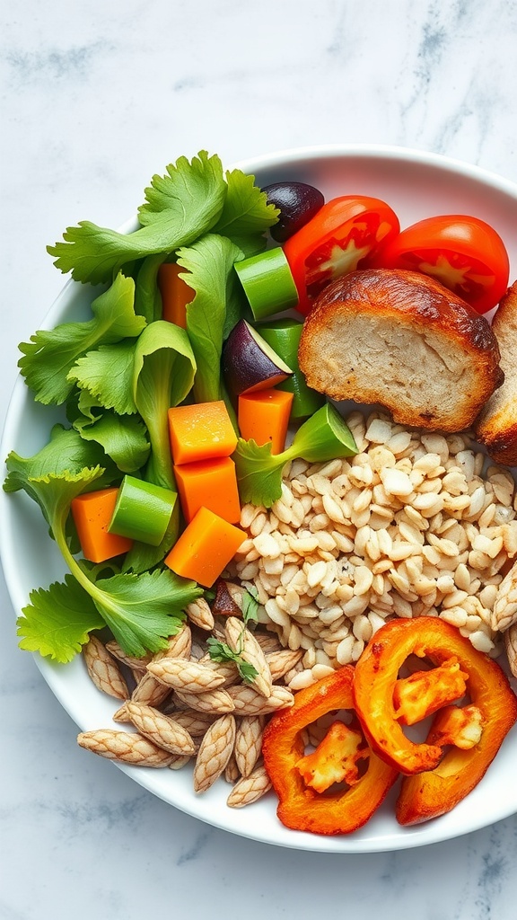 A colorful bowl filled with fresh vegetables, grains, and healthy toppings