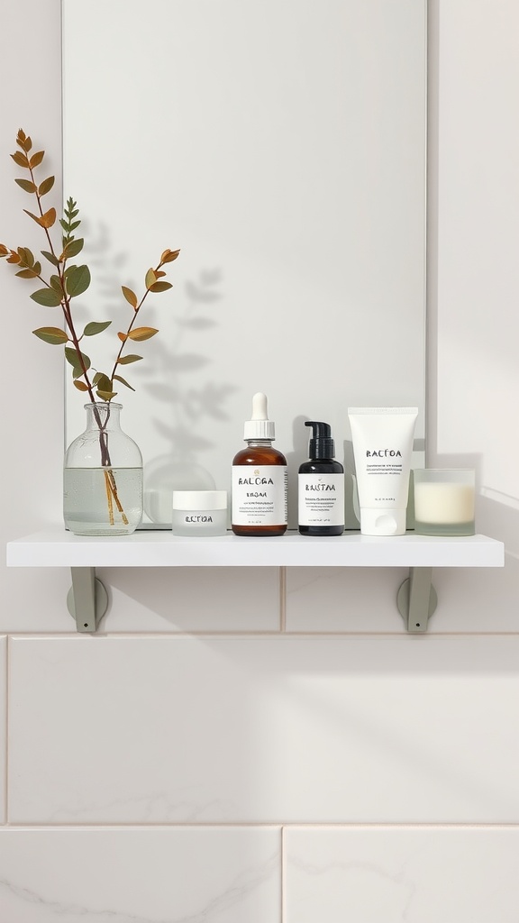 A minimalist skincare shelf with products and a plant, showcasing simplicity.