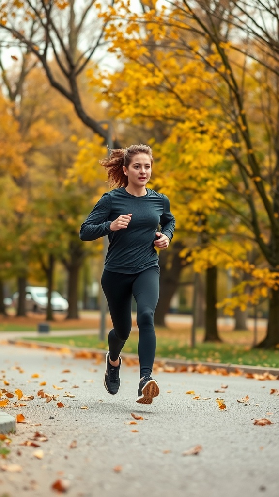 A woman running in a park during autumn, surrounded by colorful leaves.