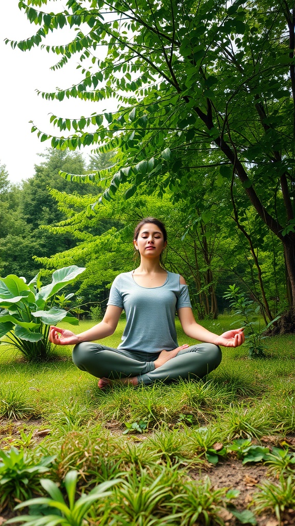 A person meditating in a serene green environment, embodying tranquility and a positive mindset.