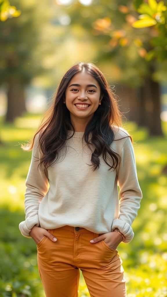 A smiling person standing confidently outdoors, showcasing a positive energy.